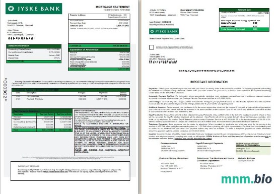 Dania Bank Jyske wyciąg z kredytu hipotecznego, 3 strony, 1-2